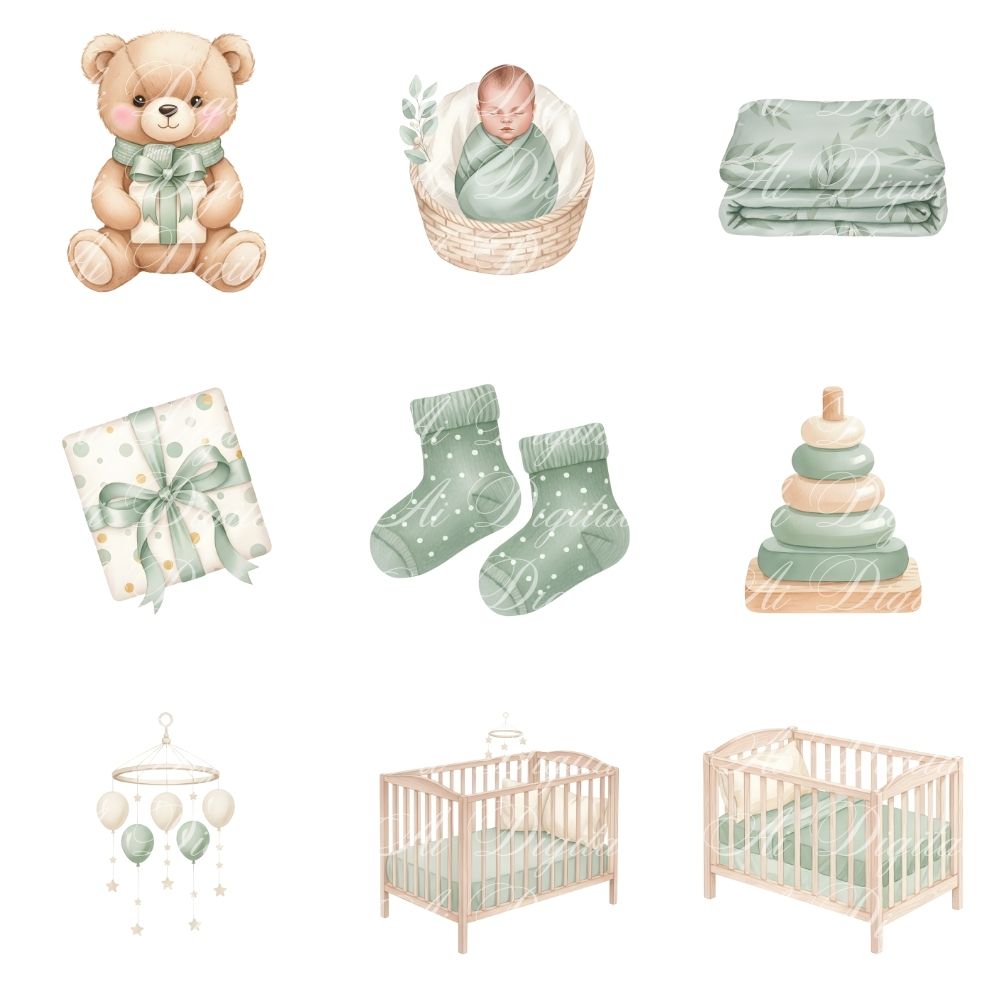 Sage Green Baby Teddy Bear Clipart Bundle – PNG & Seamless Patterns (54 PNG + 20 JPG, 300 DPI)