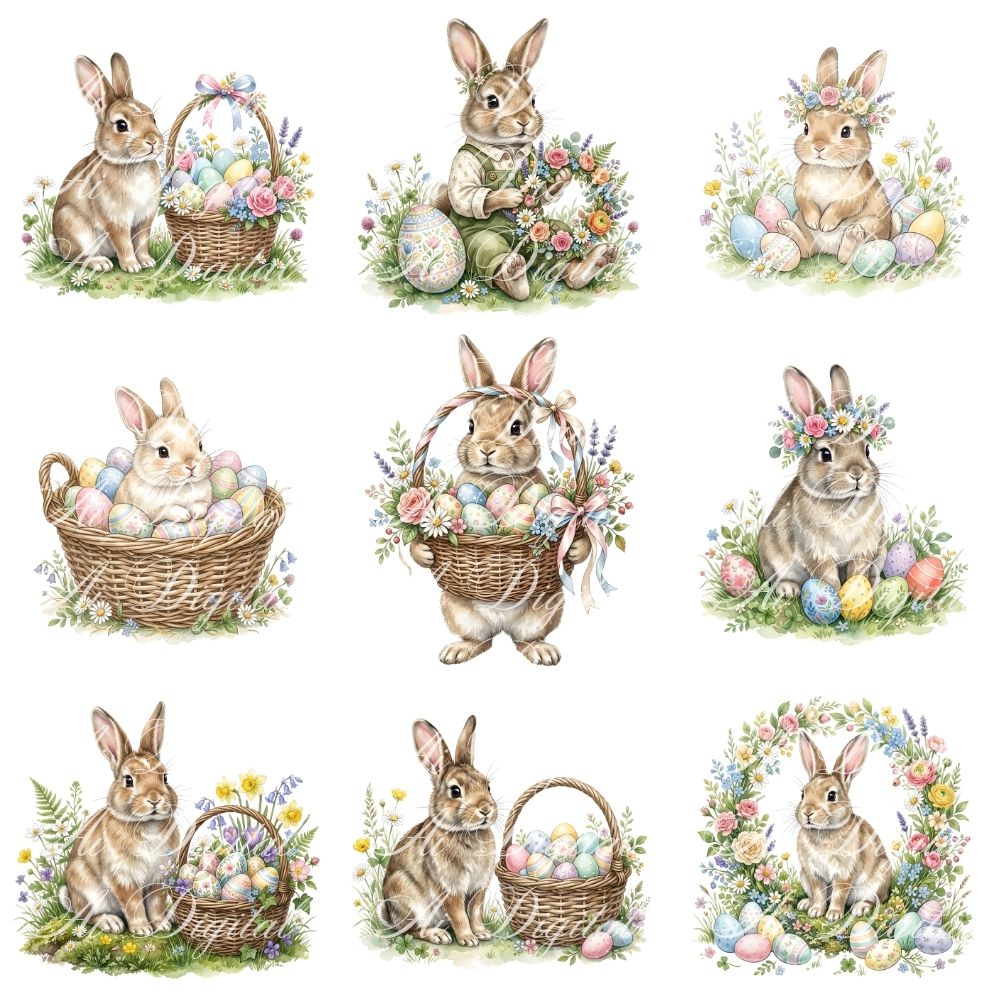 Easter Bunnies Watercolor Clipart Bundle (45 PNG)