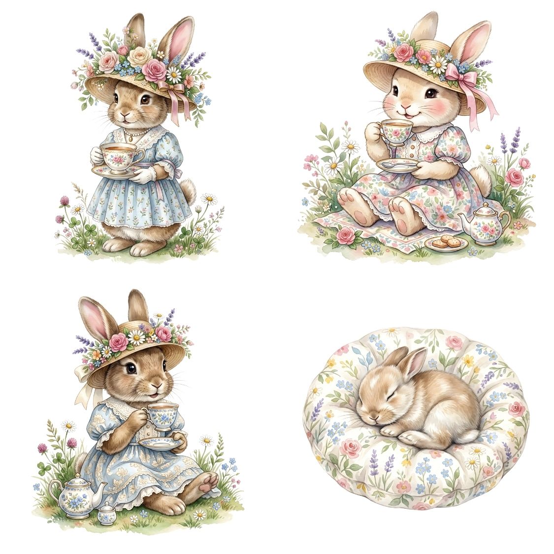 Cottagecore Bunny Watercolor Clipart Bundle (28 PNG)