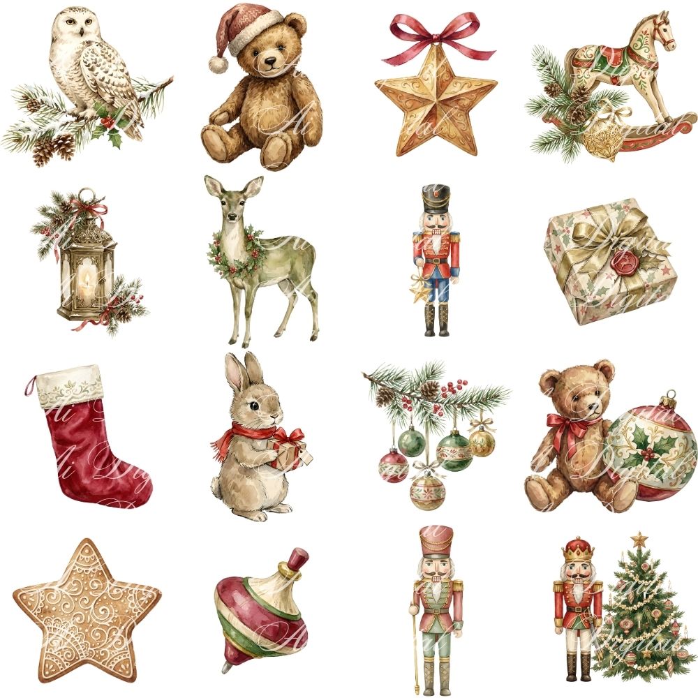 Vintage Christmas Clipart Bundle – 120 PNG & 20 Seamless Patterns