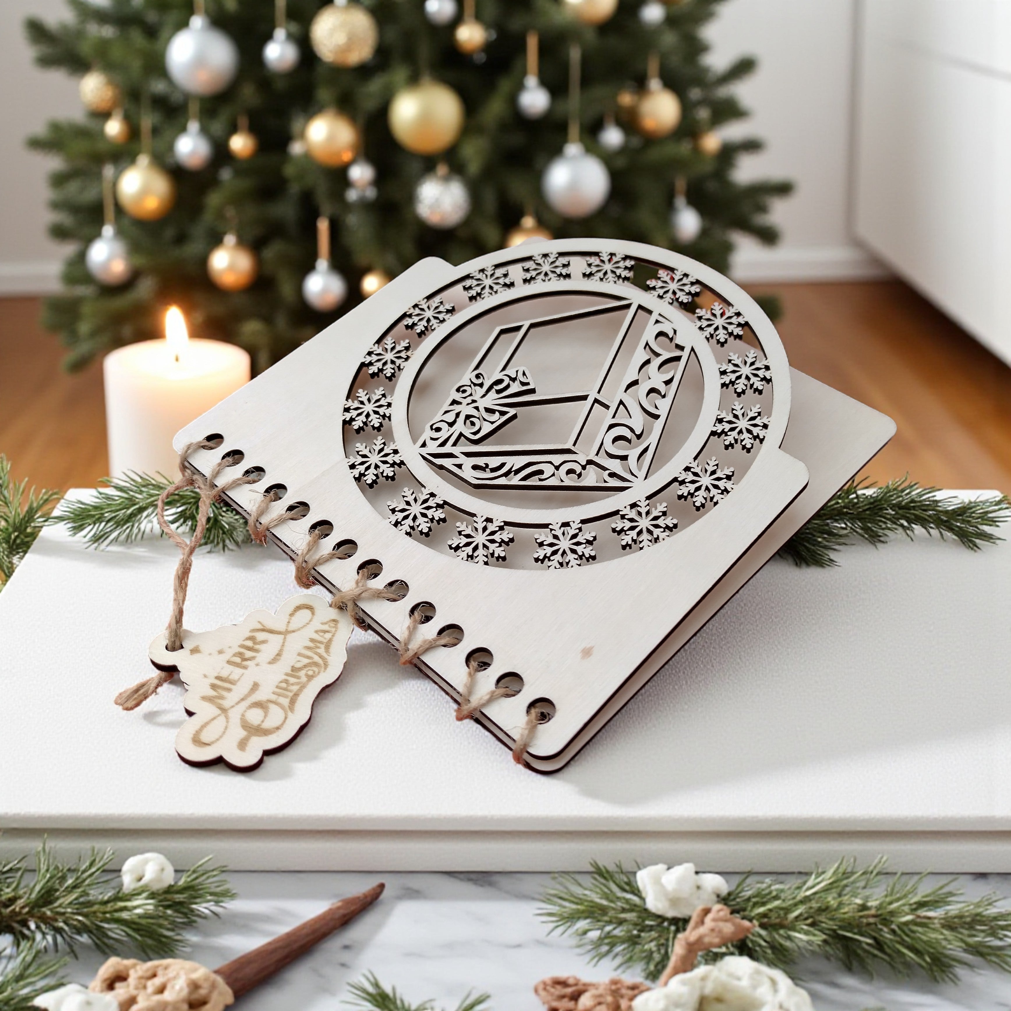 3️⃣ Eco-friendly wooden Christmas card on festive table with Christmas tree.
