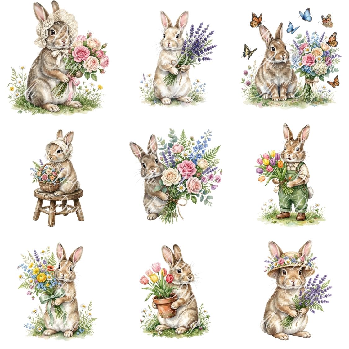 Spring Bunnies Watercolor Clipart Bundle (42 PNG)