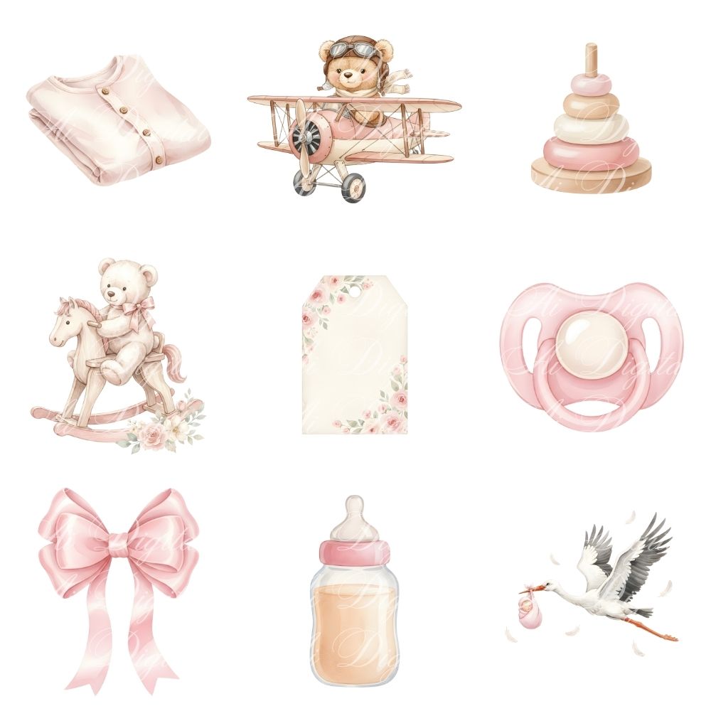 Pink Baby Teddy Bear Clipart Collection – PNG & Seamless Patterns (54 PNG + 20 JPG, 300 DPI)
