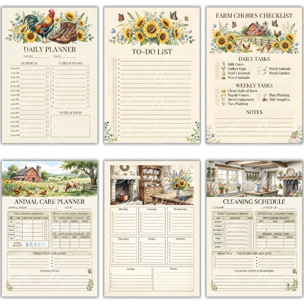 Farmhouse Planner Printable A5 – 50+ Pages, Weekly Daily Meal Garden Budget Planner PDF