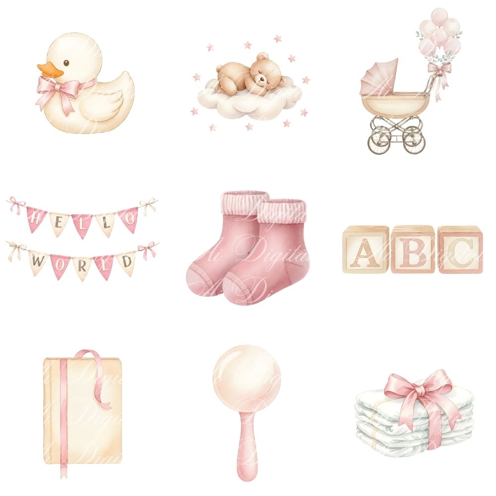 Pink Baby Teddy Bear Clipart Collection – PNG & Seamless Patterns (54 PNG + 20 JPG, 300 DPI)