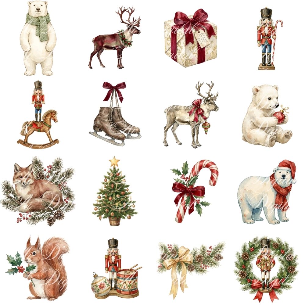 Vintage Christmas Clipart Bundle – 120 PNG & 20 Seamless Patterns