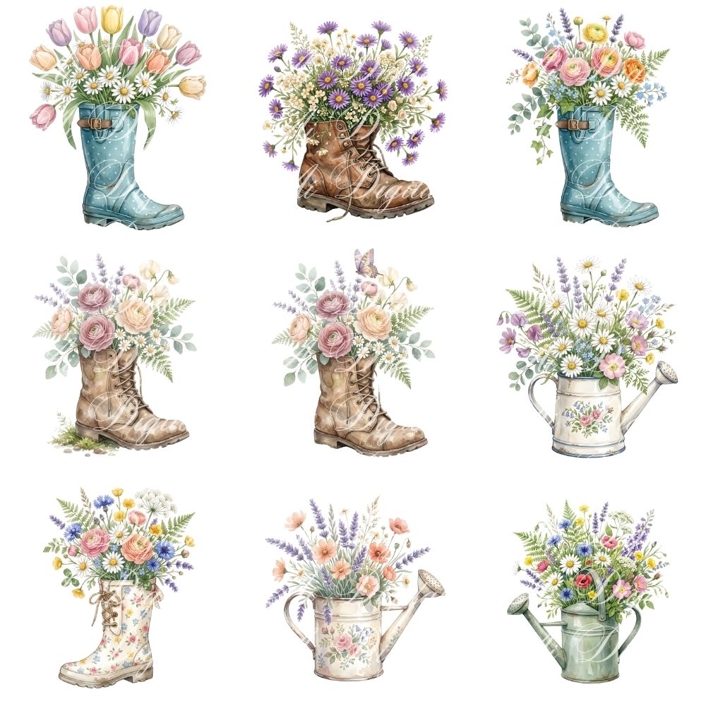 Spring Cottagecore Watercolor Clipart Bundle (60 PNG)