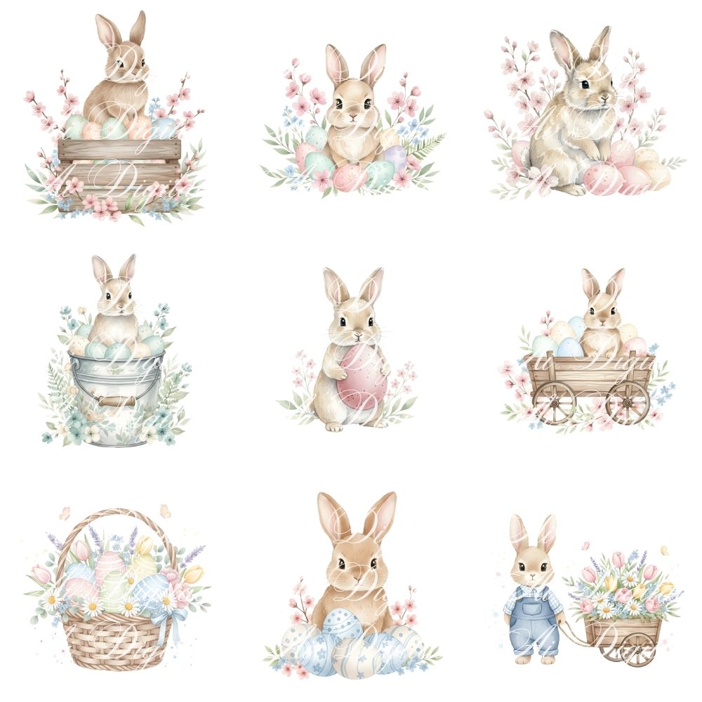 Easter Bunny Clipart Bundle – 106 PNG & 25 Seamless Patterns