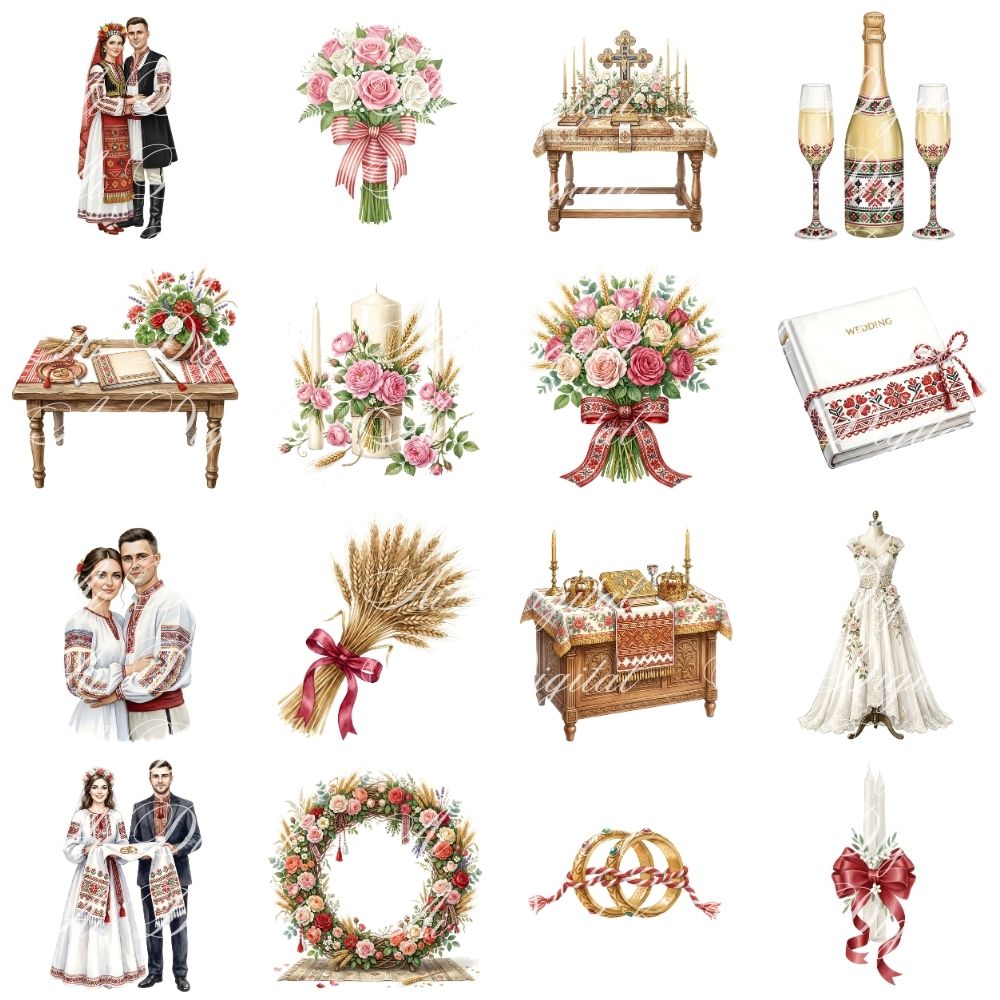 Bulgarian Wedding Clipart Bundle – 160 PNG Watercolor Wedding Illustrations