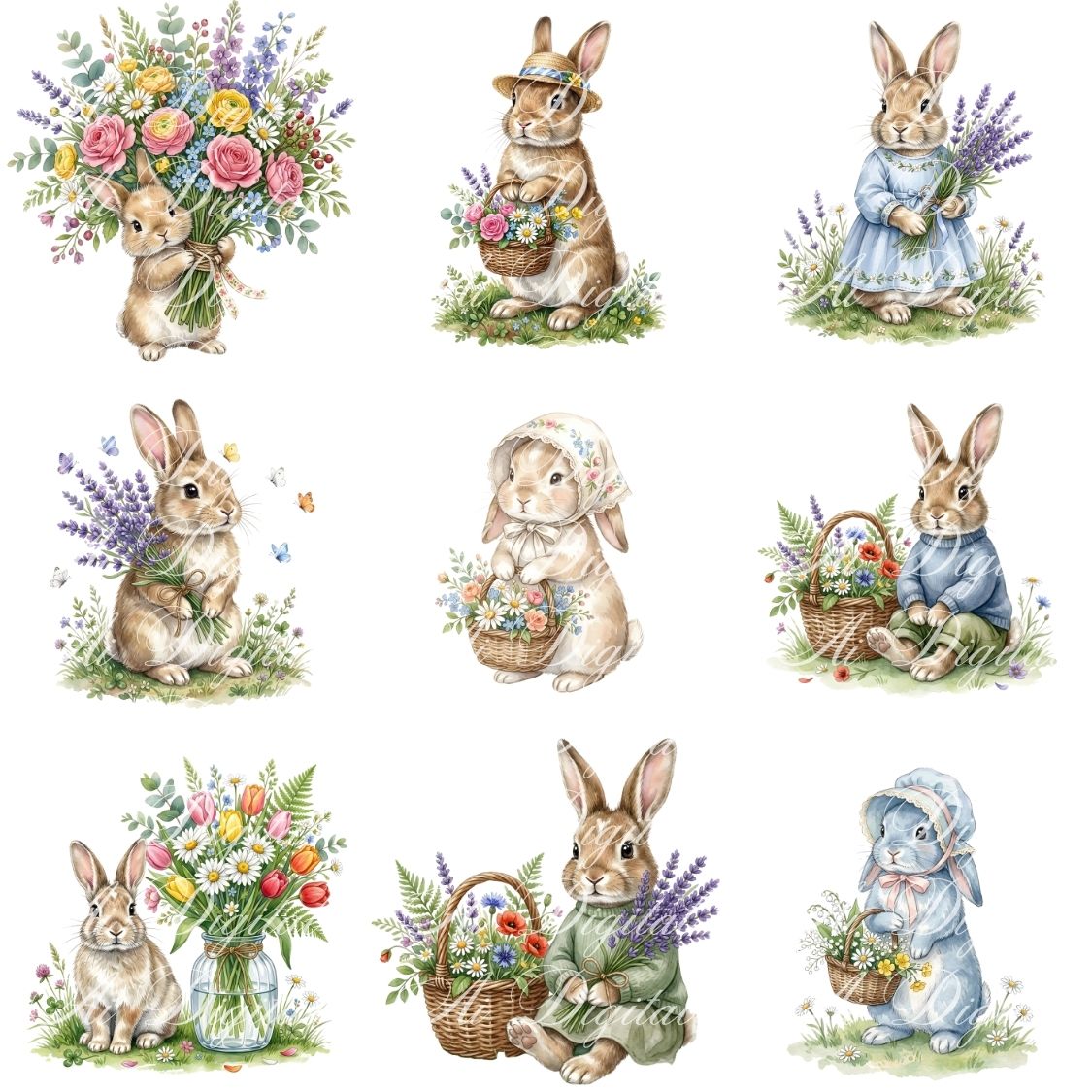 Spring Bunnies Watercolor Clipart Bundle (42 PNG)