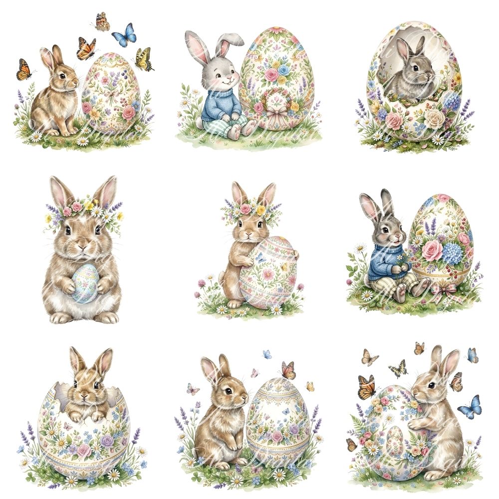 Easter Bunnies Watercolor Clipart Bundle (45 PNG)