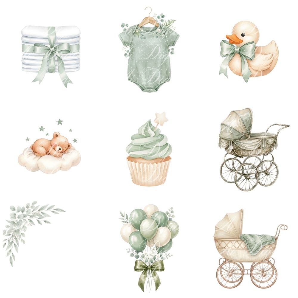 Sage Green Baby Teddy Bear Clipart Bundle – PNG & Seamless Patterns (54 PNG + 20 JPG, 300 DPI)