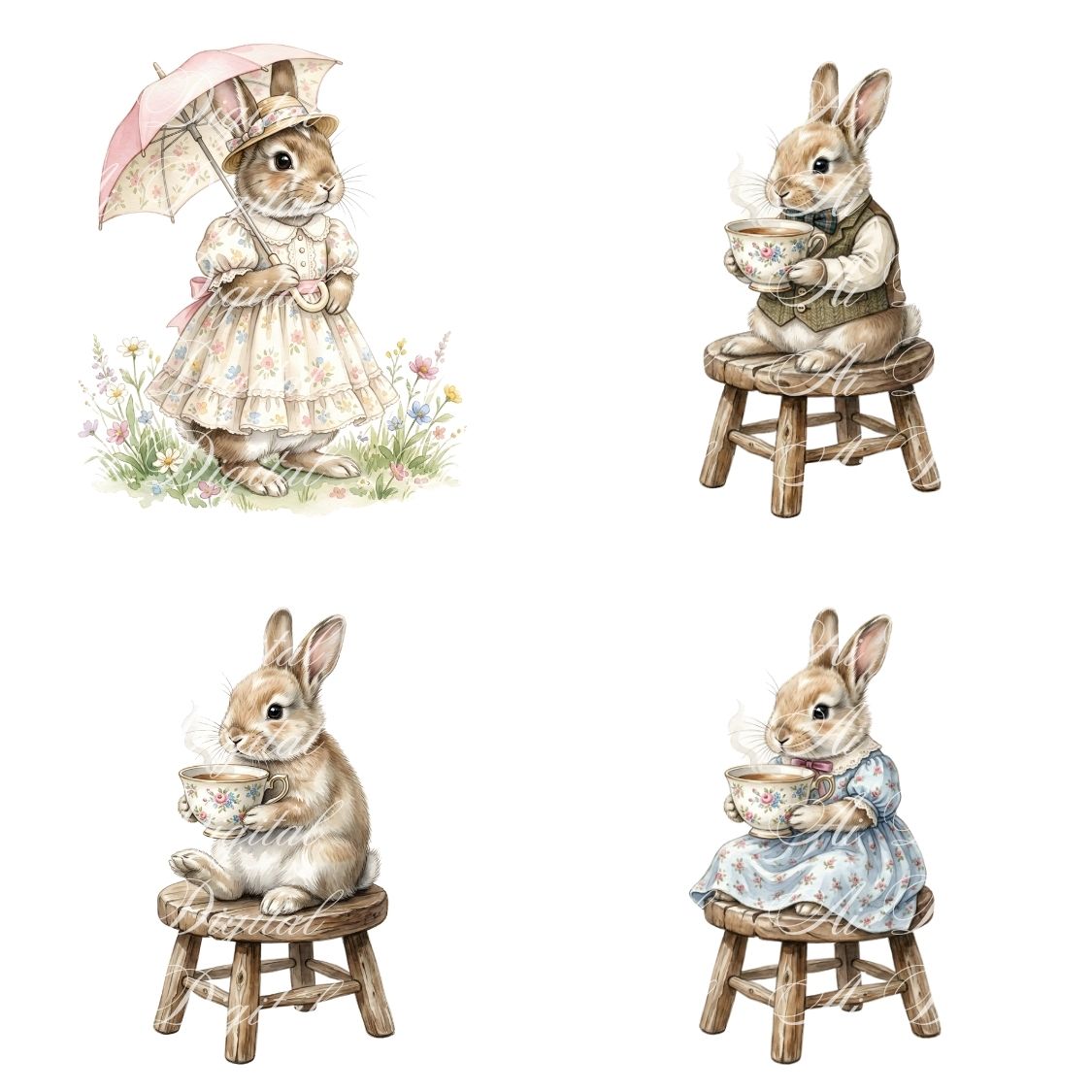 Cottagecore Bunny Watercolor Clipart Bundle (28 PNG)