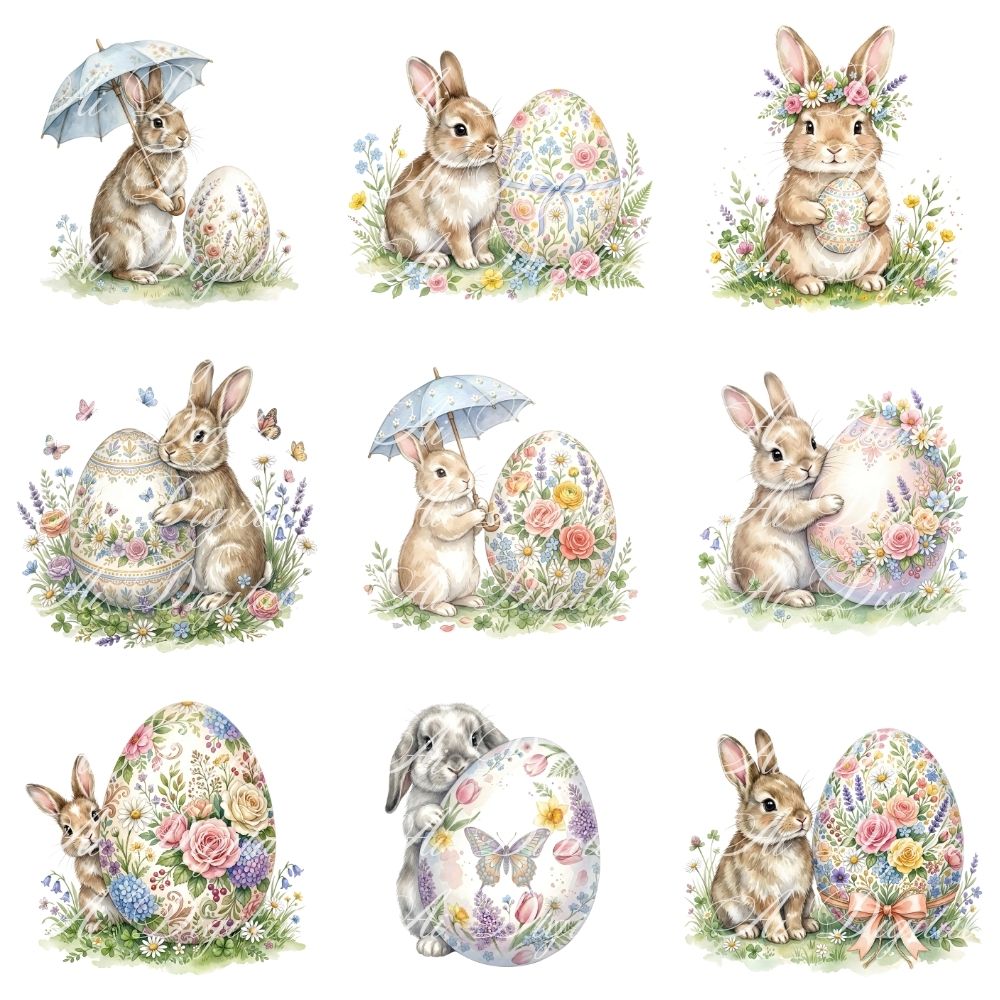 Easter Bunnies Watercolor Clipart Bundle (45 PNG)