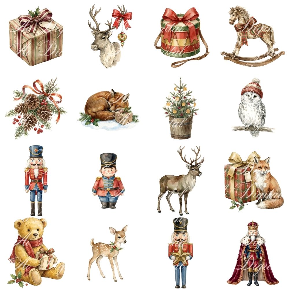 Vintage Christmas Clipart Bundle – 120 PNG & 20 Seamless Patterns