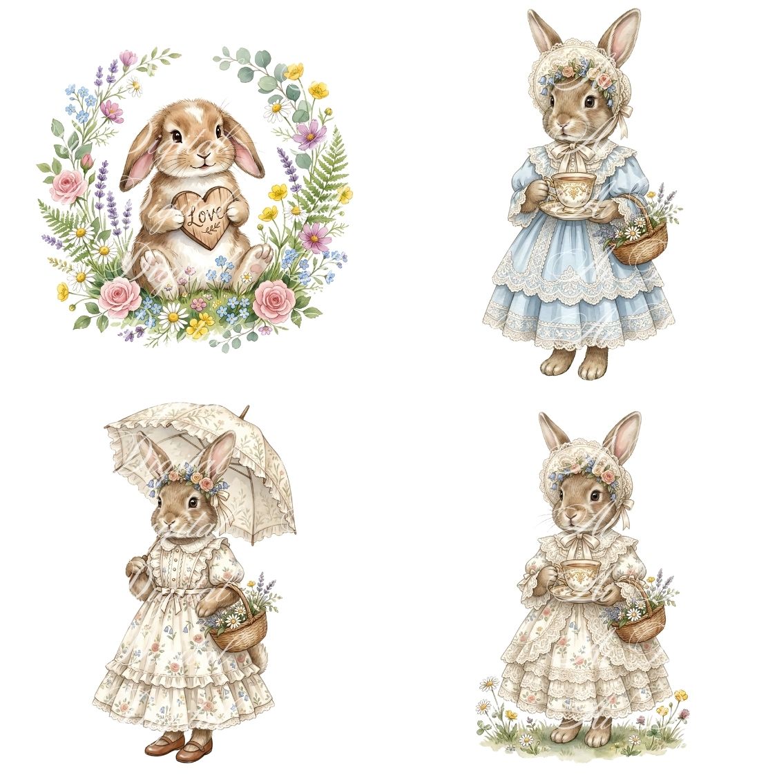 Cottagecore Bunny Watercolor Clipart Bundle (28 PNG)