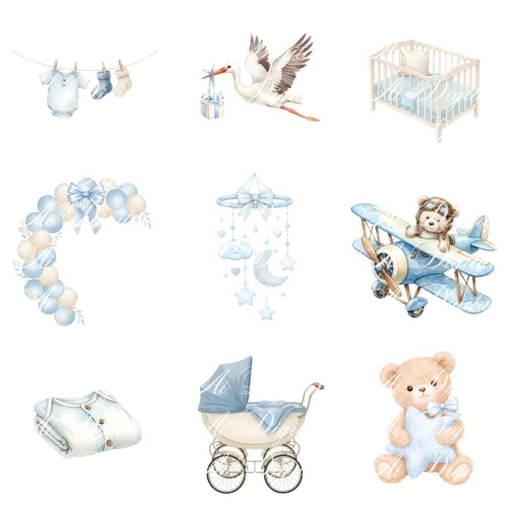 Blue Baby Bear Clipart Bundle 56 png + 20 seamless jpg patterns