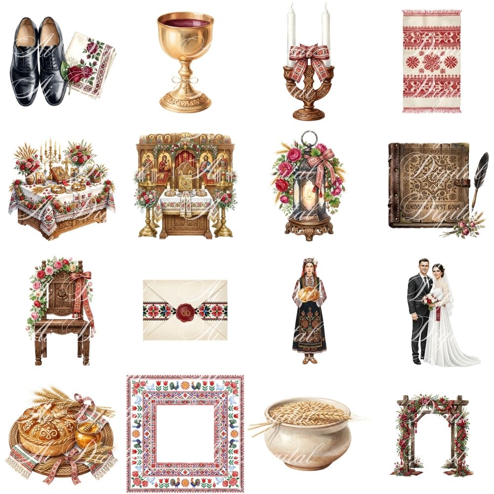 Bulgarian Wedding Clipart Bundle – 160 PNG Watercolor Wedding Illustrations