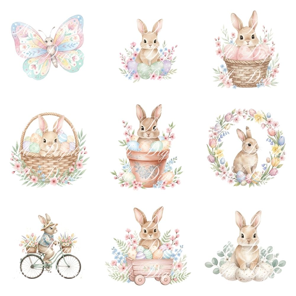 Easter Bunny Clipart Bundle – 106 PNG & 25 Seamless Patterns