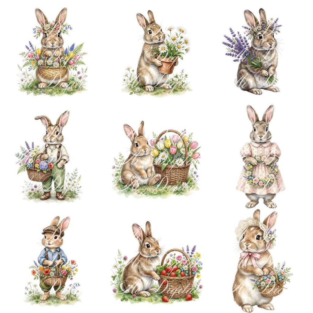 Spring Bunnies Watercolor Clipart Bundle (42 PNG)