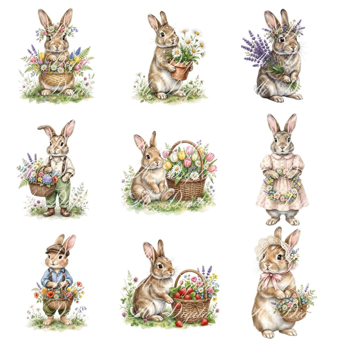 Spring Bunnies Watercolor Clipart Bundle (42 PNG)