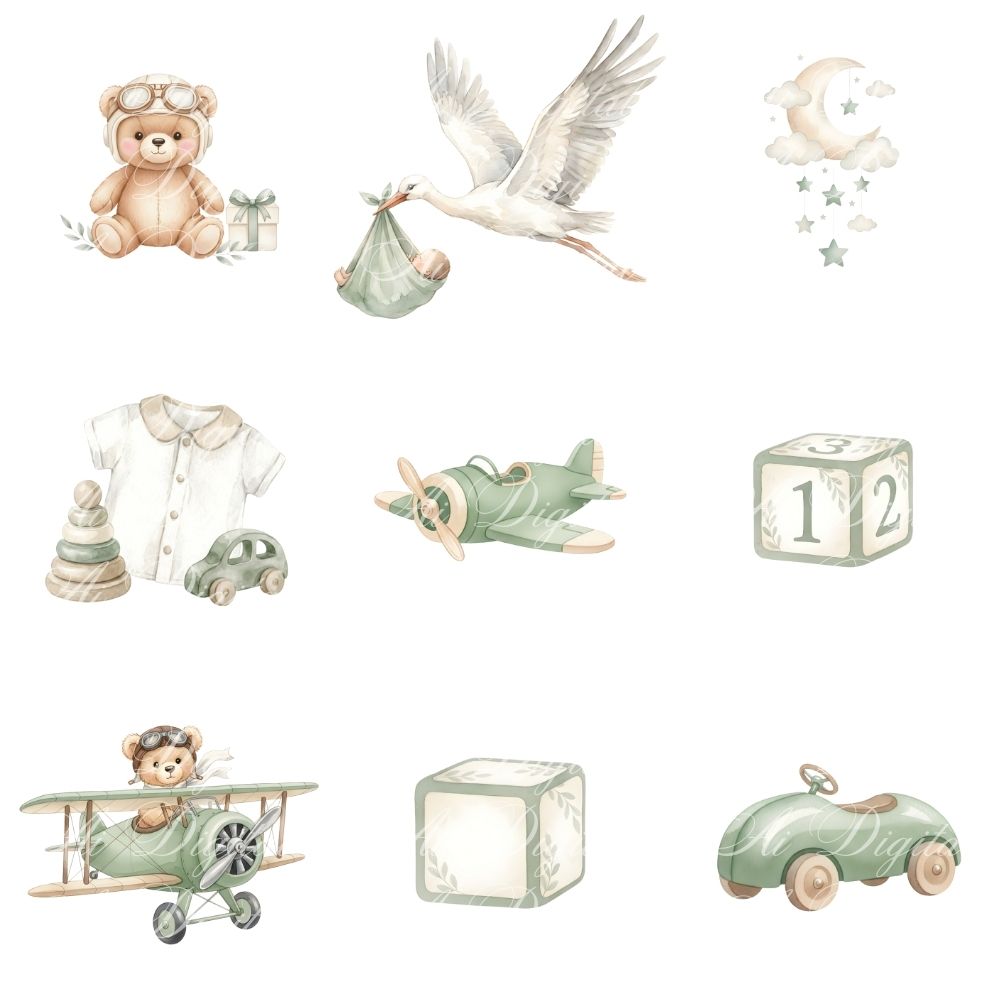 Sage Green Baby Teddy Bear Clipart Bundle – PNG & Seamless Patterns (54 PNG + 20 JPG, 300 DPI)