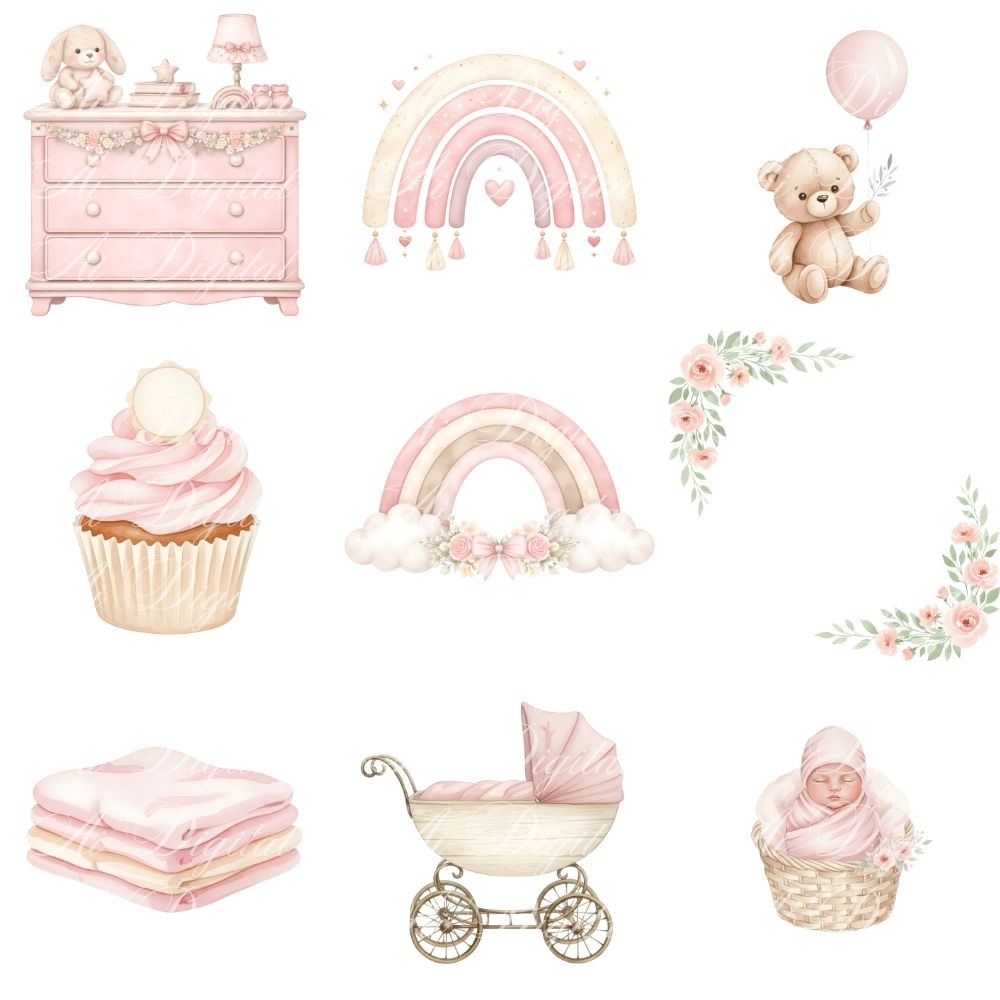 Pink Baby Teddy Bear Clipart Collection – PNG & Seamless Patterns (54 PNG + 20 JPG, 300 DPI)