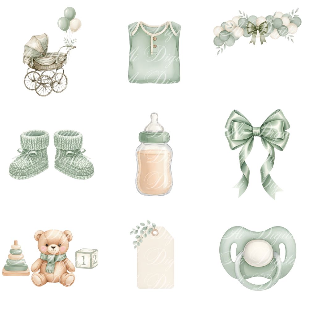 Sage Green Baby Teddy Bear Clipart Bundle – PNG & Seamless Patterns (54 PNG + 20 JPG, 300 DPI)