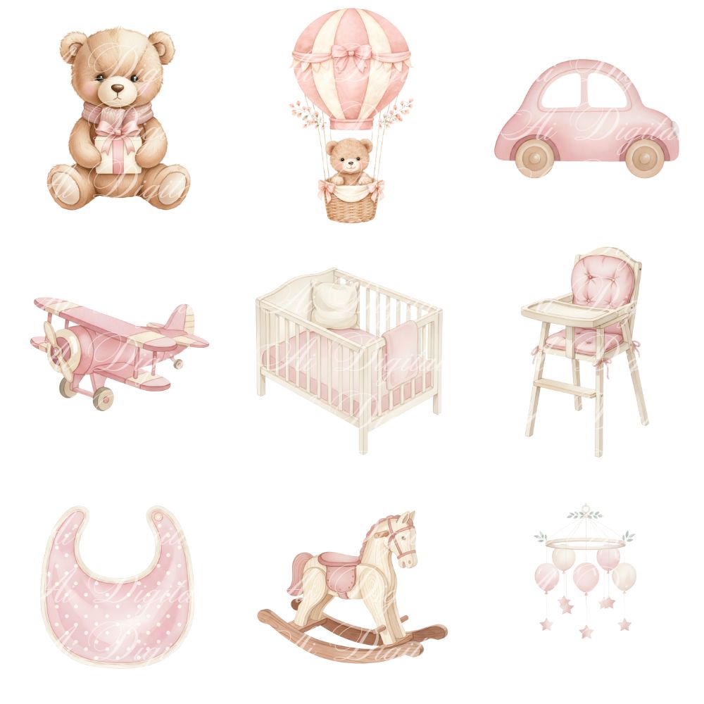Pink Baby Teddy Bear Clipart Collection – PNG & Seamless Patterns (54 PNG + 20 JPG, 300 DPI)