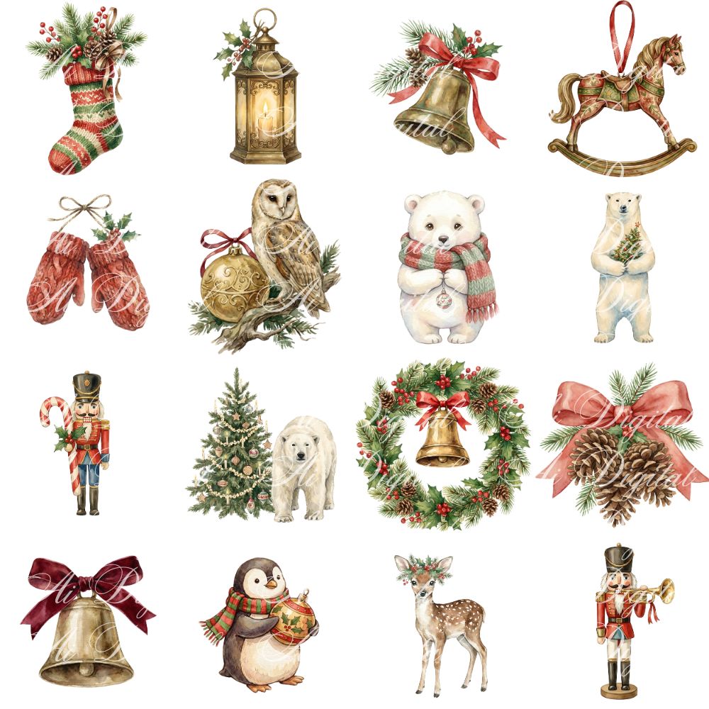 Vintage Christmas Clipart Bundle – 120 PNG & 20 Seamless Patterns