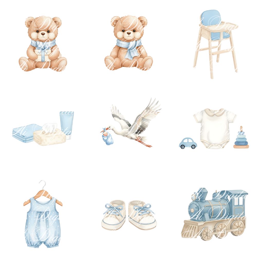 Blue Baby Bear Clipart Bundle 56 png + 20 seamless jpg patterns
