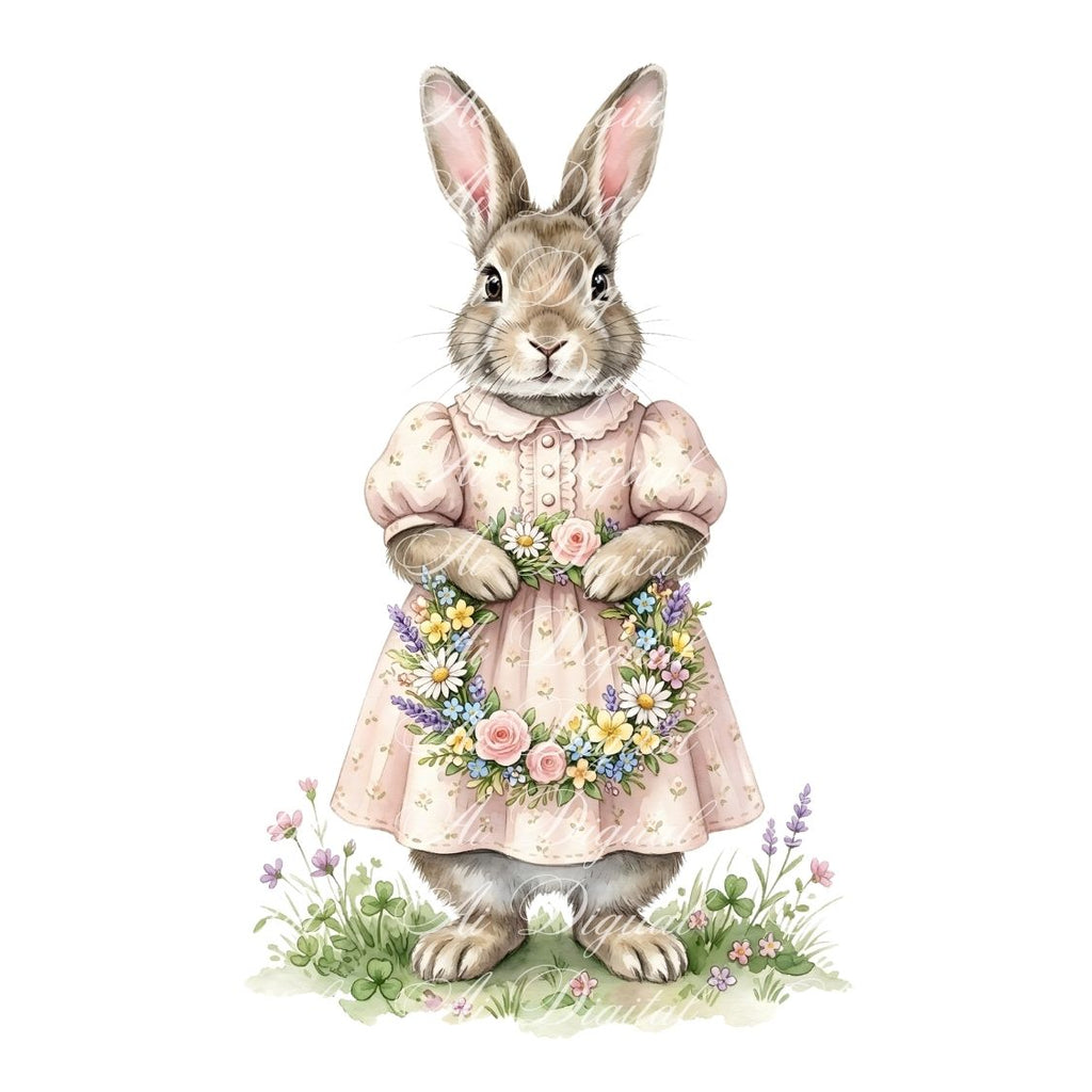 Spring Bunnies Watercolor Clipart Bundle (42 PNG)