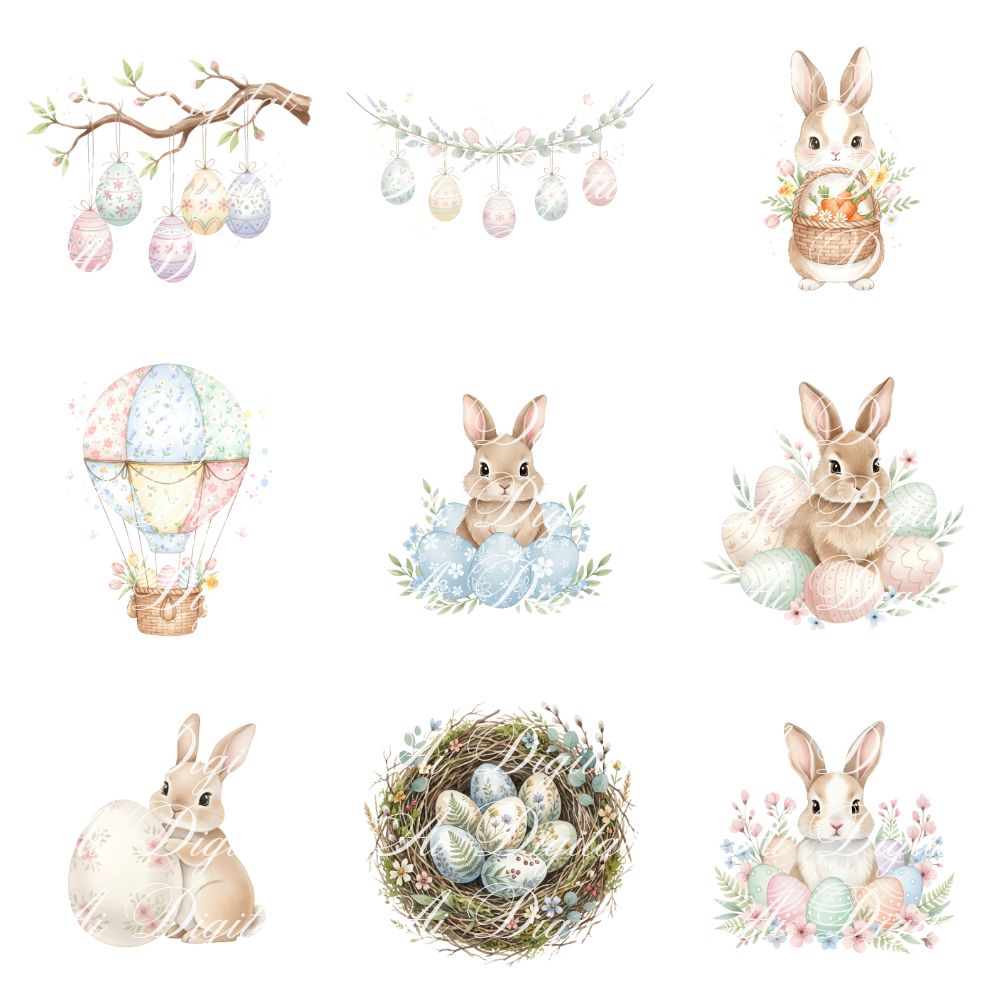 Easter Bunny Clipart Bundle – 106 PNG & 25 Seamless Patterns