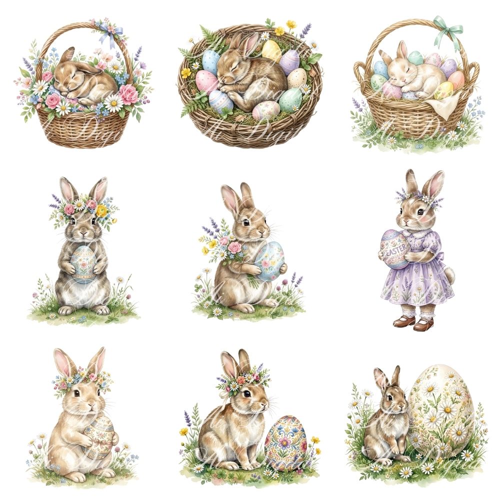 Easter Bunnies Watercolor Clipart Bundle (45 PNG)