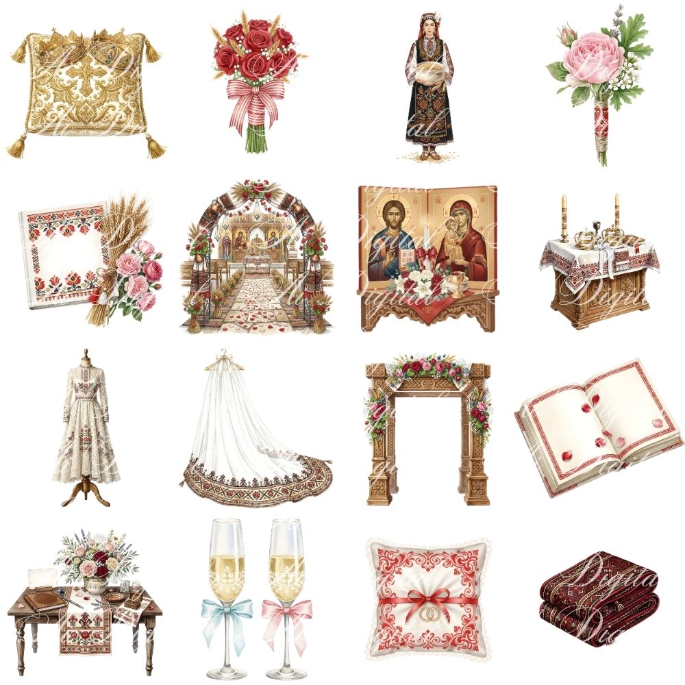 Bulgarian Wedding Clipart Bundle – 160 PNG Watercolor Wedding Illustrations