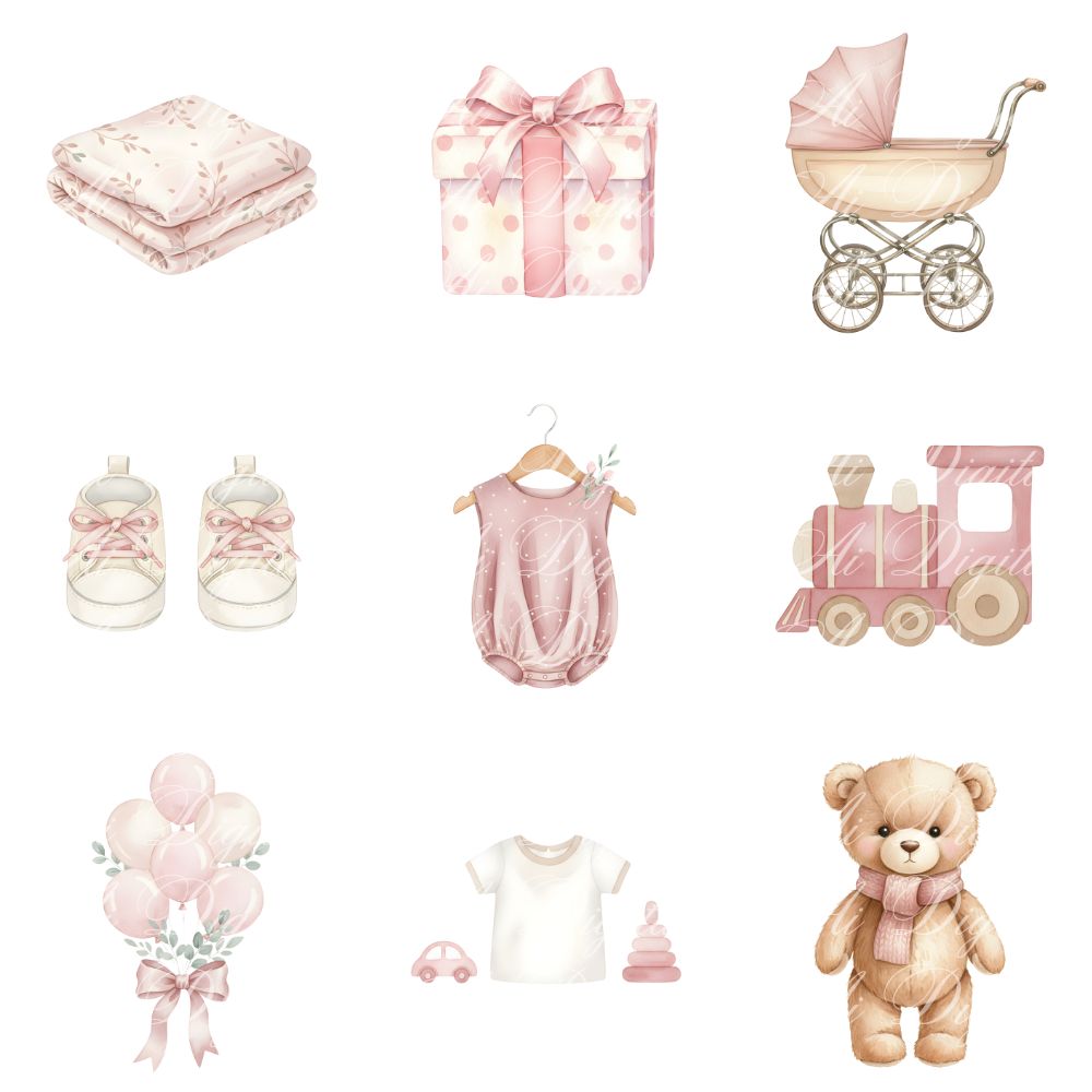 Pink Baby Teddy Bear Clipart Collection – PNG & Seamless Patterns (54 PNG + 20 JPG, 300 DPI)