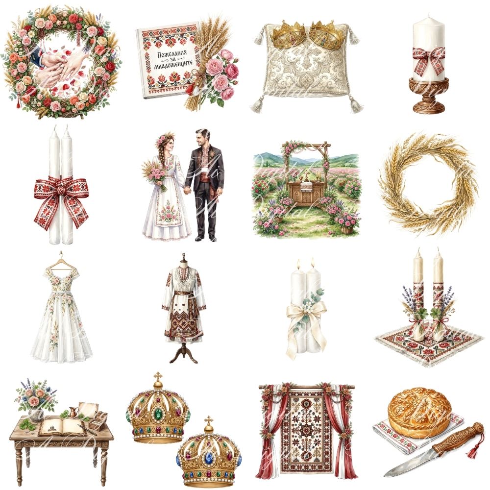 Bulgarian Wedding Clipart Bundle – 160 PNG Watercolor Wedding Illustrations