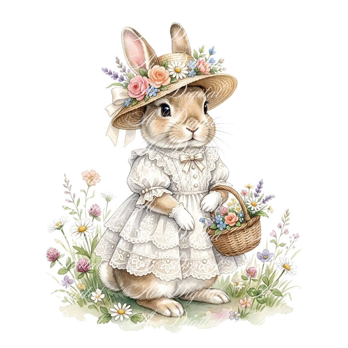 Spring Bunnies Watercolor Clipart Bundle (42 PNG)