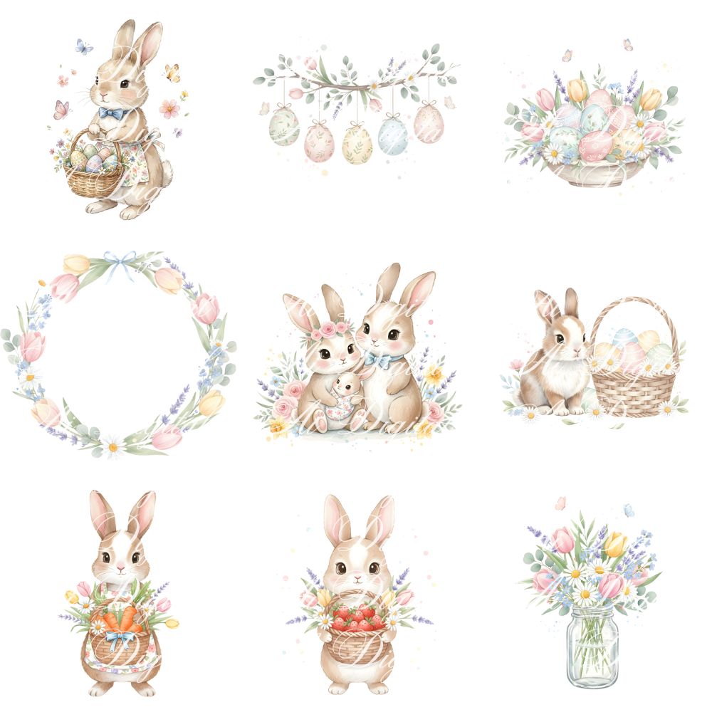 Easter Bunny Clipart Bundle – 106 PNG & 25 Seamless Patterns