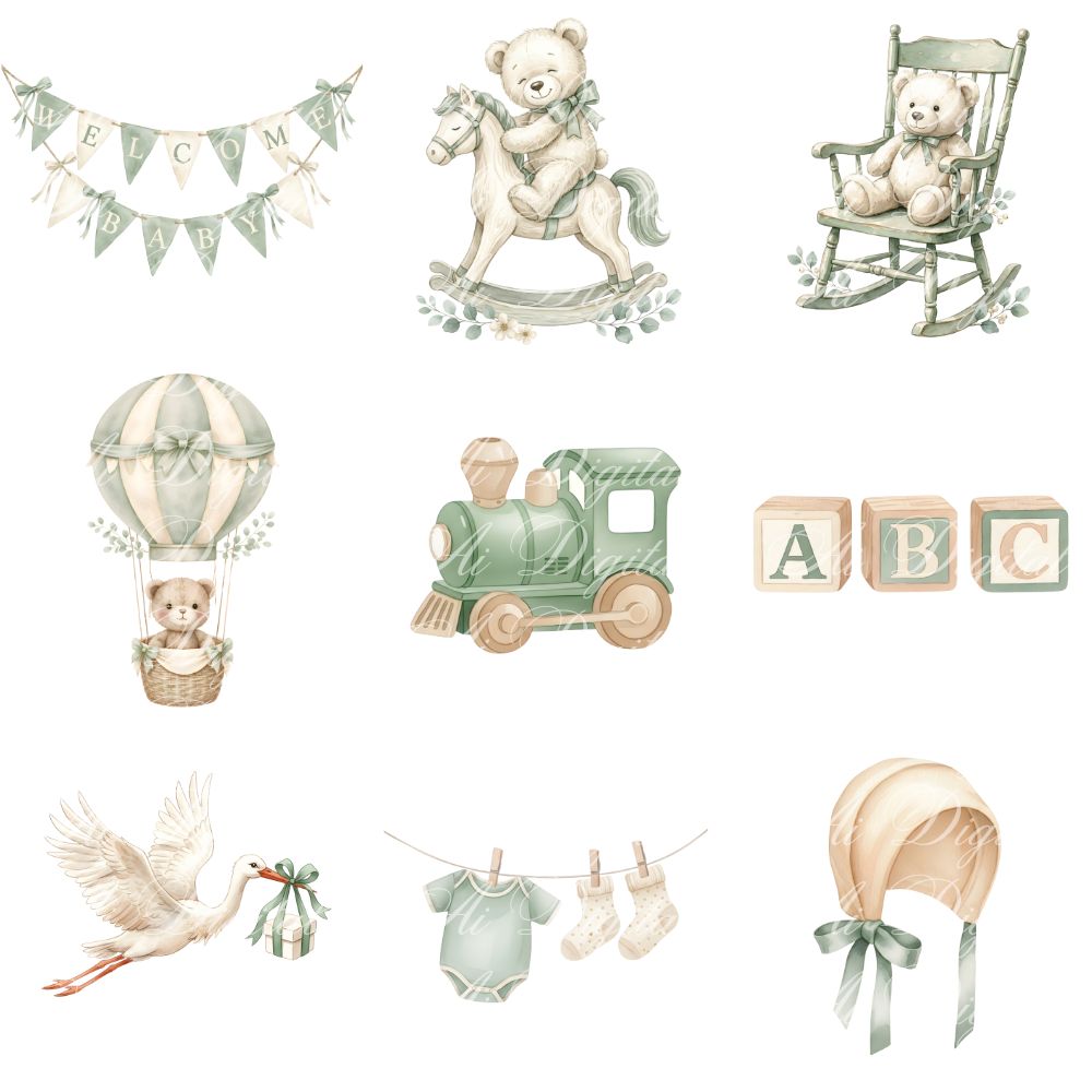 Sage Green Baby Teddy Bear Clipart Bundle – PNG & Seamless Patterns (54 PNG + 20 JPG, 300 DPI)