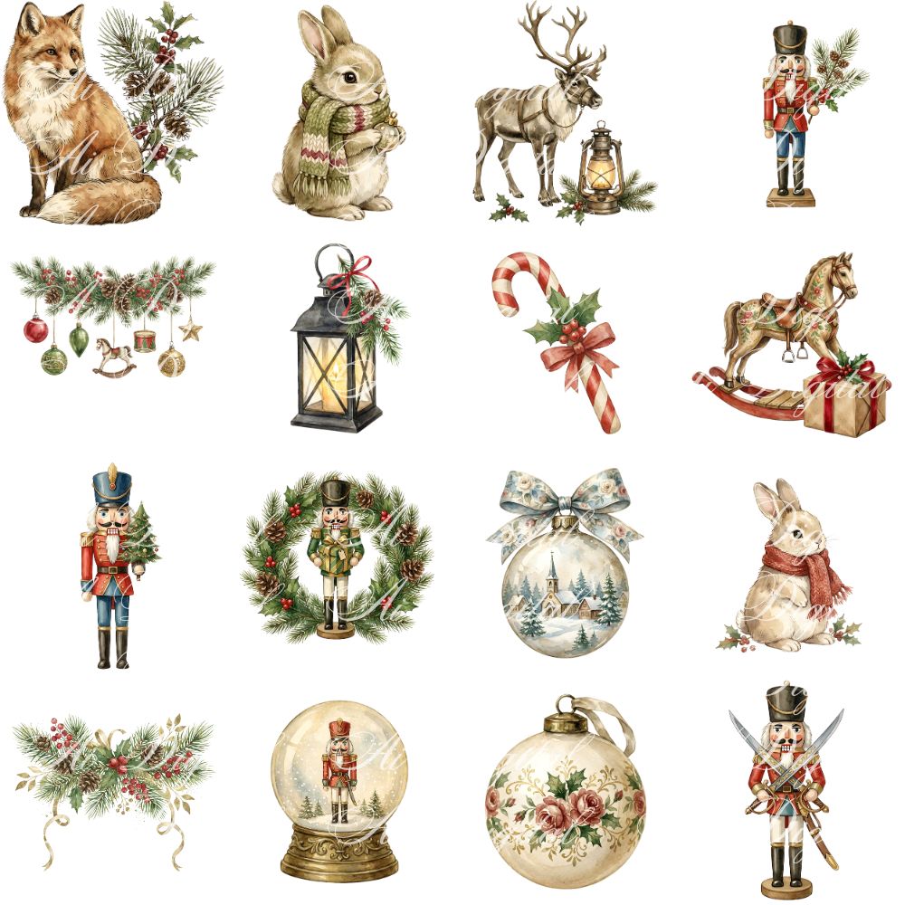 Vintage Christmas Clipart Bundle – 120 PNG & 20 Seamless Patterns