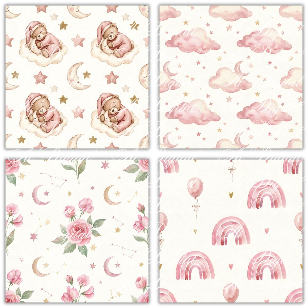 Pink Baby Teddy Bear Clipart Collection – PNG & Seamless Patterns (54 PNG + 20 JPG, 300 DPI)