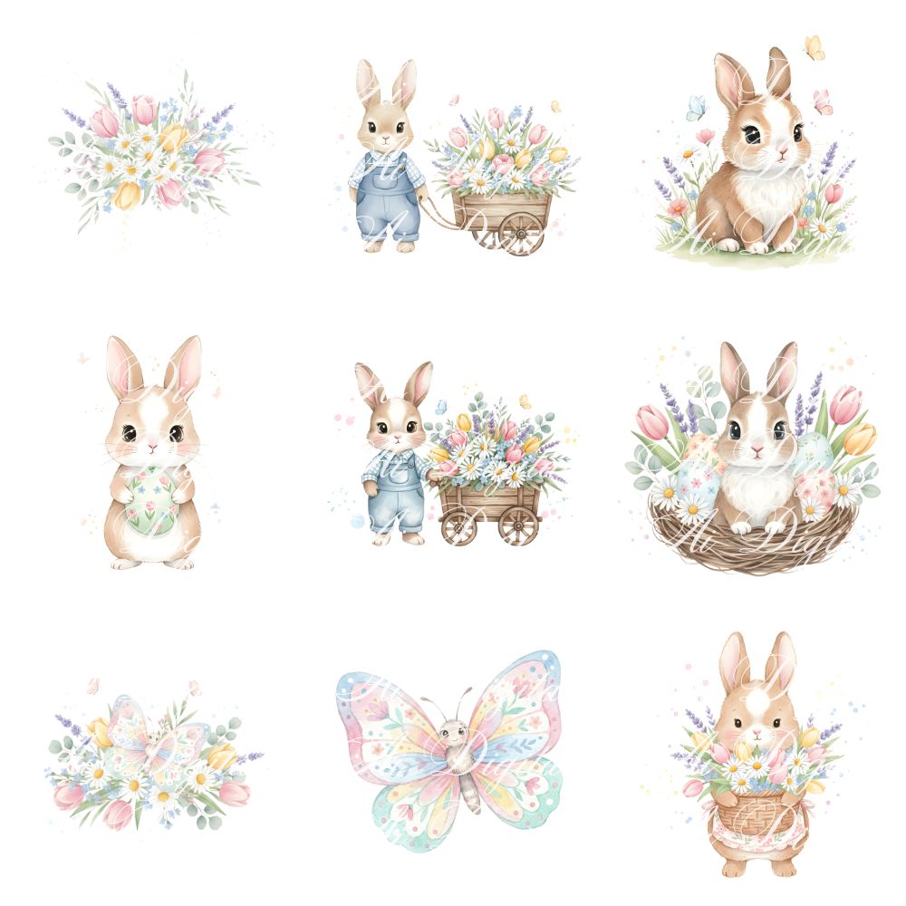 Easter Bunny Clipart Bundle – 106 PNG & 25 Seamless Patterns