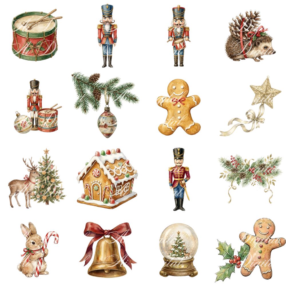 Vintage Christmas Clipart Bundle – 120 PNG & 20 Seamless Patterns