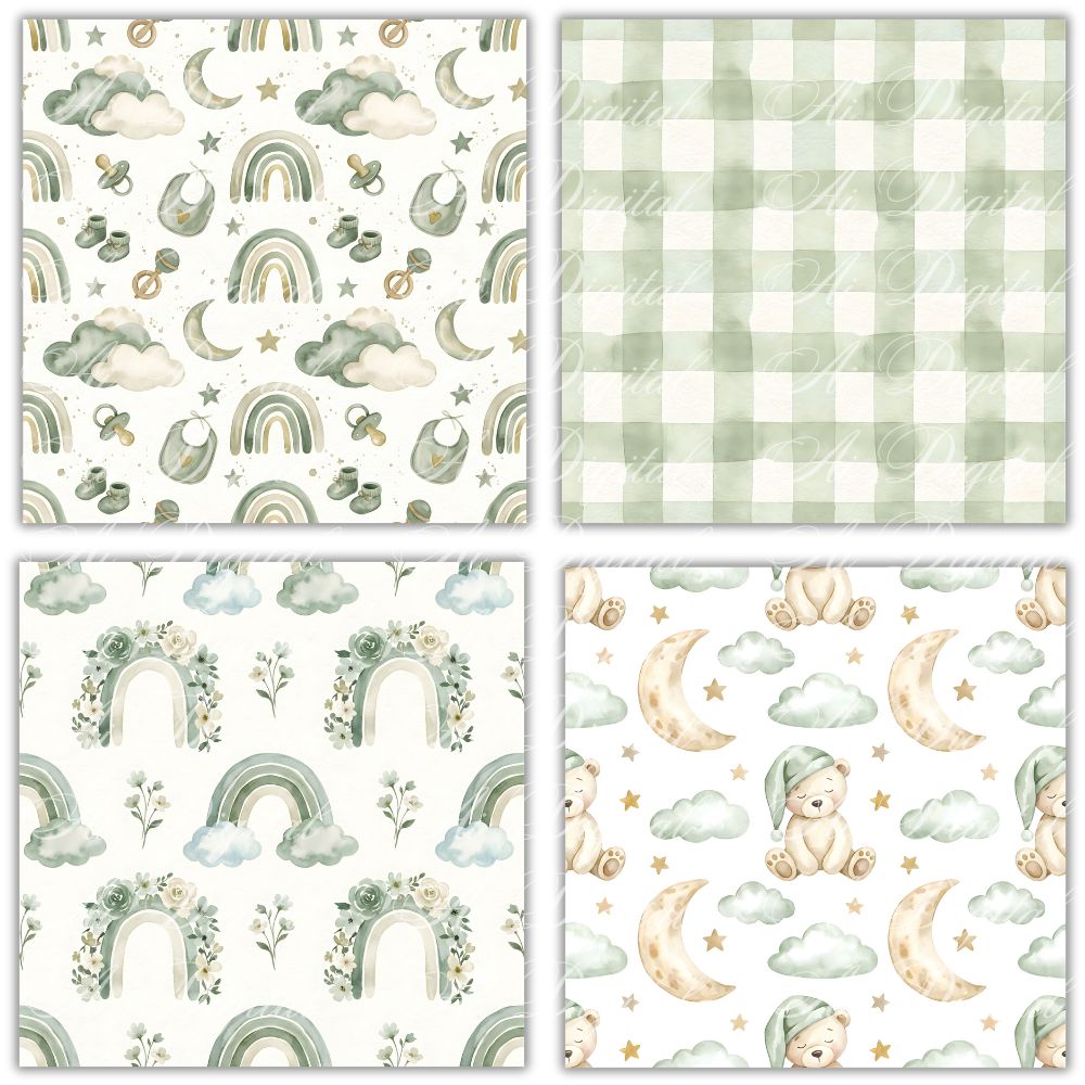 Sage Green Baby Teddy Bear Clipart Bundle – PNG & Seamless Patterns (54 PNG + 20 JPG, 300 DPI)