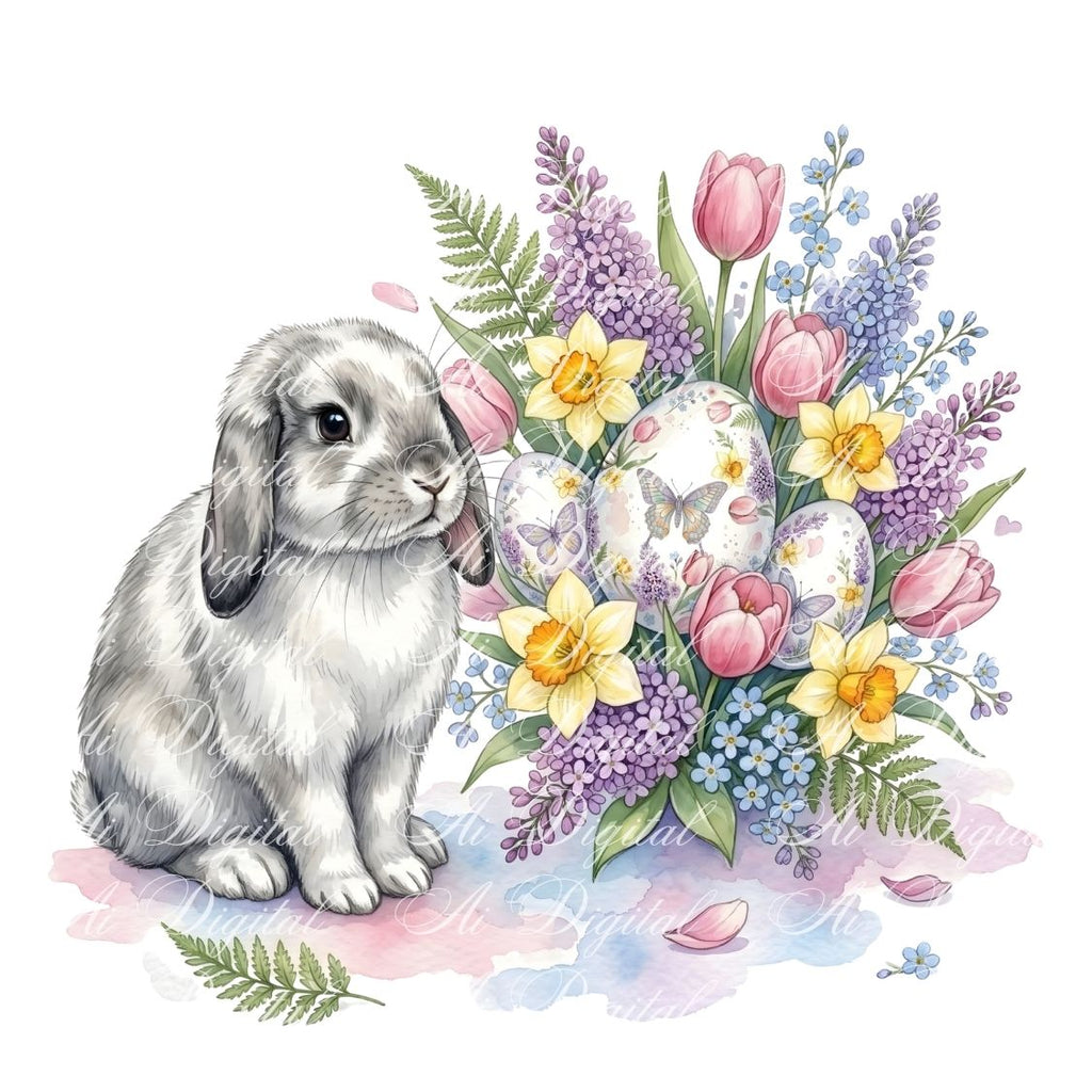 Spring Bunnies Watercolor Clipart Bundle (42 PNG)