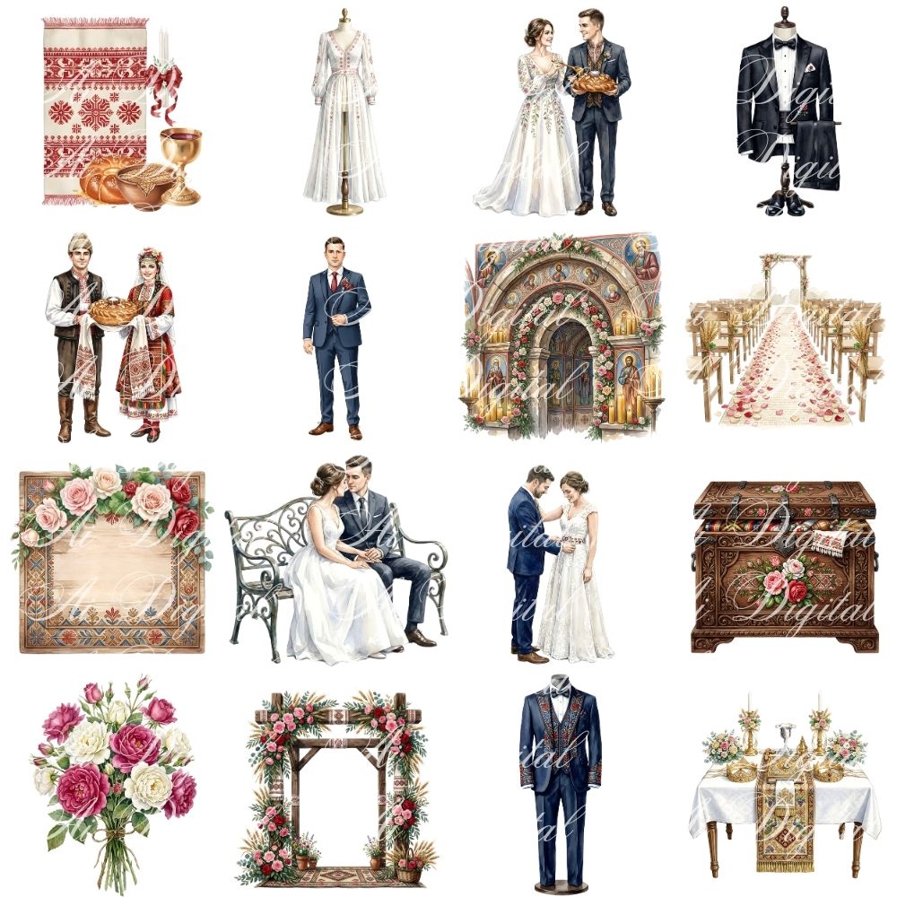 Bulgarian Wedding Clipart Bundle – 160 PNG Watercolor Wedding Illustrations