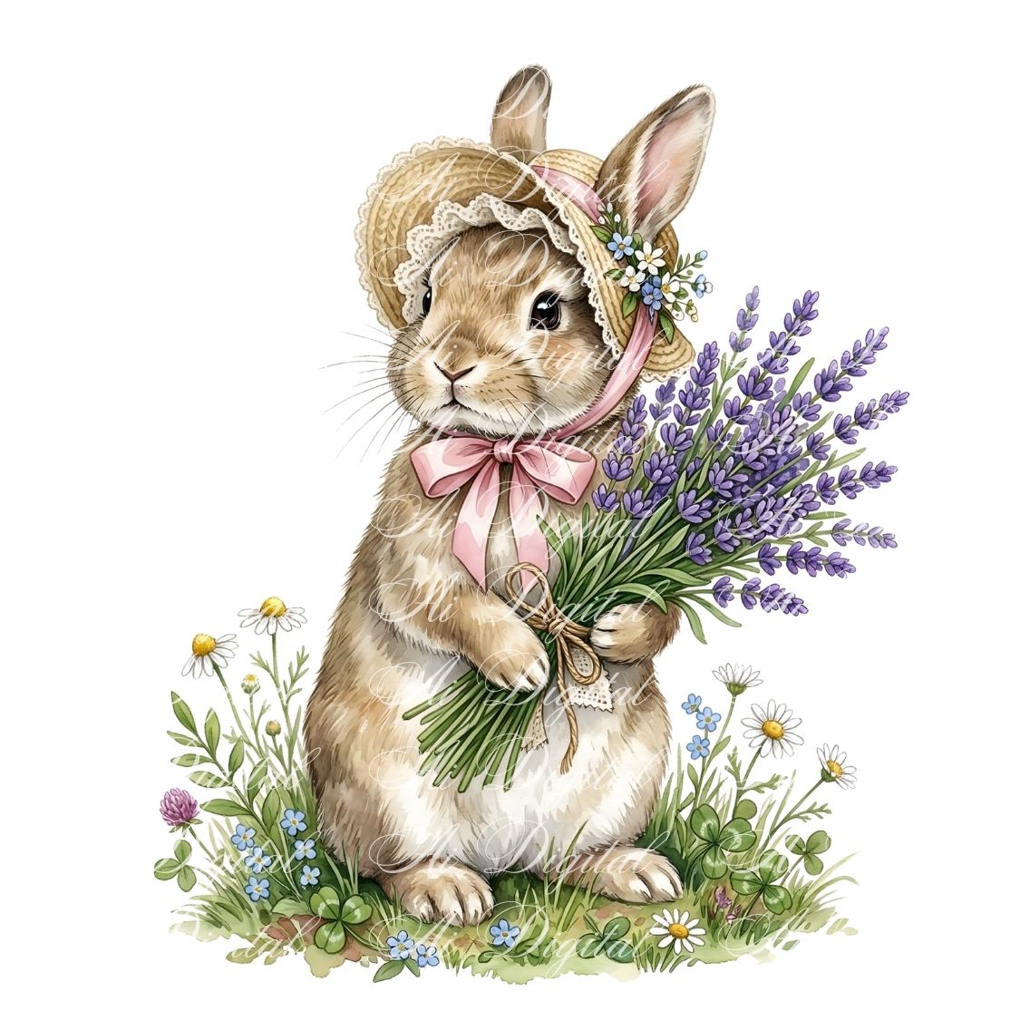 Spring Bunnies Watercolor Clipart Bundle (42 PNG)