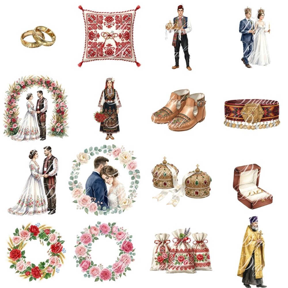 Bulgarian Wedding Clipart Bundle – 160 PNG Watercolor Wedding Illustrations