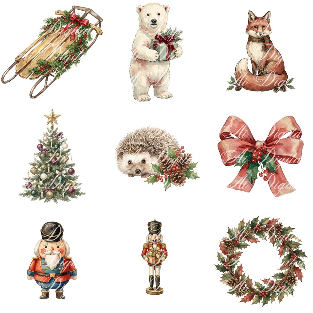 Vintage Christmas Clipart Bundle – 120 PNG & 20 Seamless Patterns